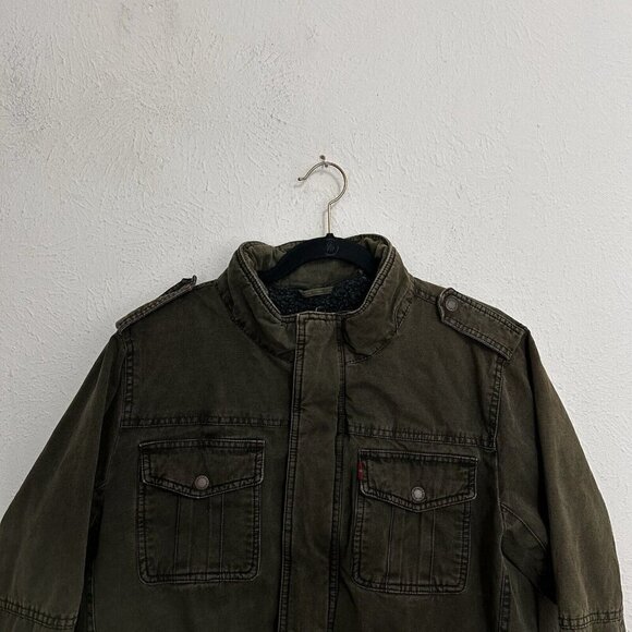 Levis Jacket Adult M Green Canvas Full Zip Military Sherpa Lined Mid Weight Coat - Picture 2 of 12